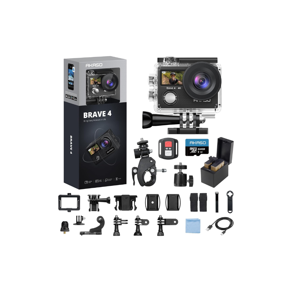 AKASO Brave 4 Action Camera 4K 30fps with 64GB MicroSD U3 Card Bicycle Helmet Accessories Kit Bundle, 20MP Ultra HD 131FT Waterproof Underwater Camera EIS WiFi Remote Control 5X Zoom Sport Cameras : Electronics